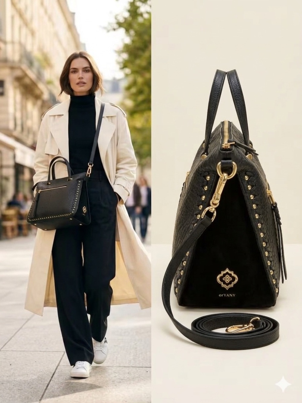 orYANY Black Pebbled Leather Studded Satchel Crossbody Bag